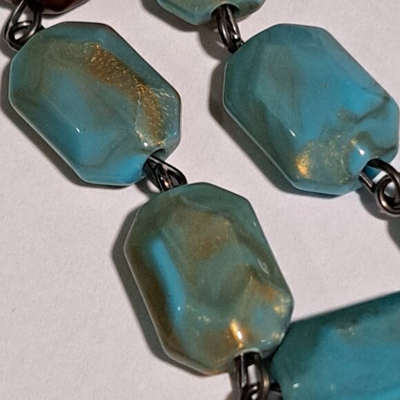 blue turqoise brown gold long necklace - Picture 2 of 7